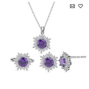🆕Simulated Amethyst Color & White Diamond Ring Earrings and Pendant Necklace Se